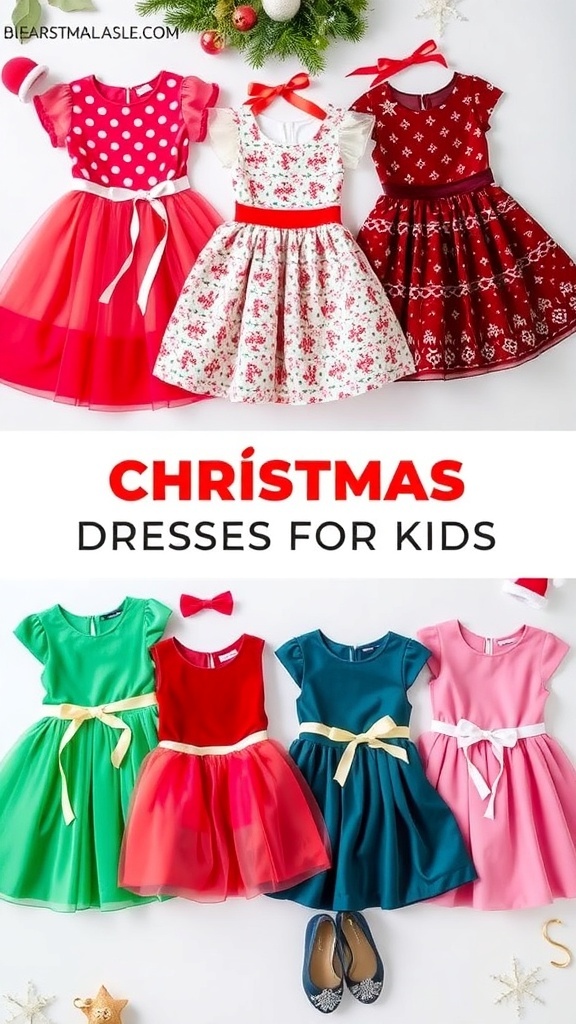 A variety of festive Christmas dresses for children in bright colors and fun patterns, displayed with matching accessories.
